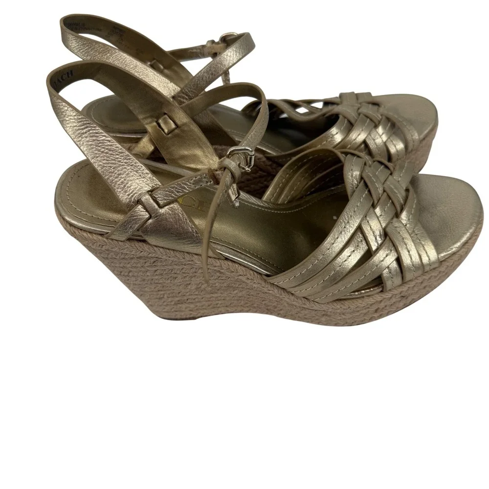 Coach Dottie Espadrille Wedge Sandals Womens 6B Gold Metallic Woven Strappy